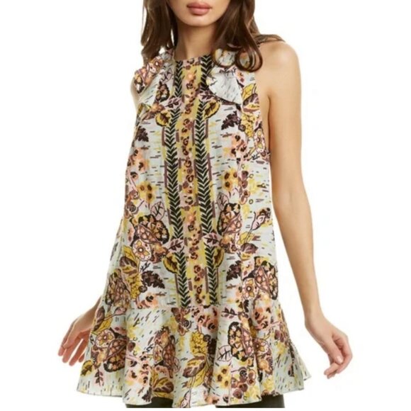 Free People Summer in Tulum Linen Tunic Top Mini Dress Floral Artsy Boho Sz S - Picture 1 of 12